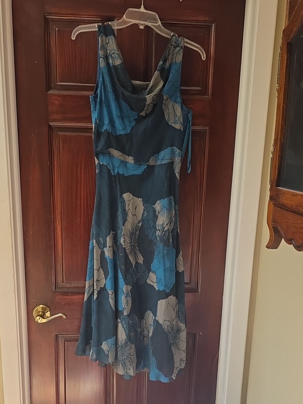 Banana Republic Silk Blue and Gray Floral Cowl-Neck Midi Dress
